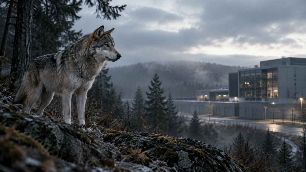 Wolf auf einem bewaldeten Höhenzug mit Blick auf einen gesicherten IT-Standort in der Dämmerung.