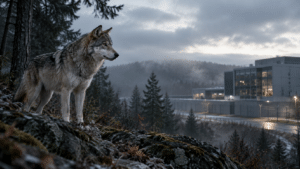 Wolf auf einem bewaldeten Höhenzug mit Blick auf einen gesicherten IT-Standort in der Dämmerung.