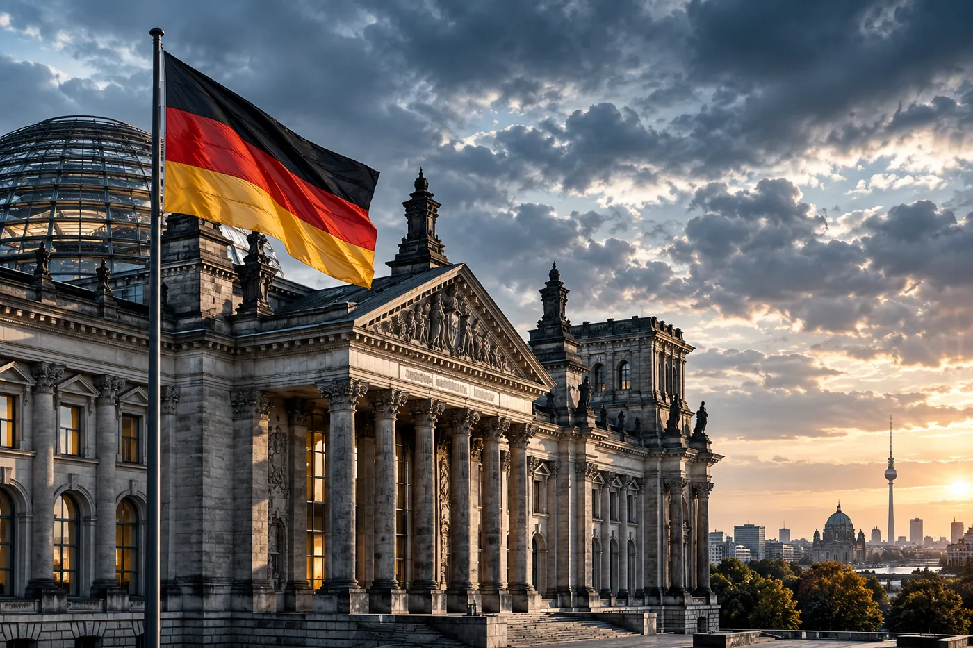 Illustrative architectural image of the German Reichstag with a German flag