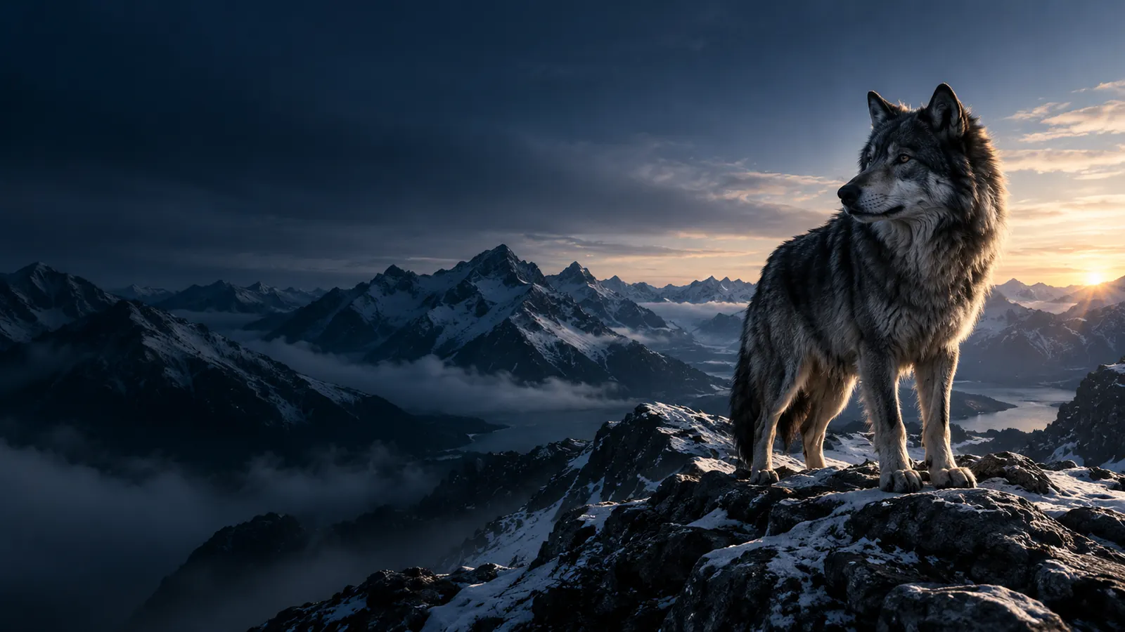 A dark wolf stands on an alpine ridge overlooking a cold, mountainous landscape