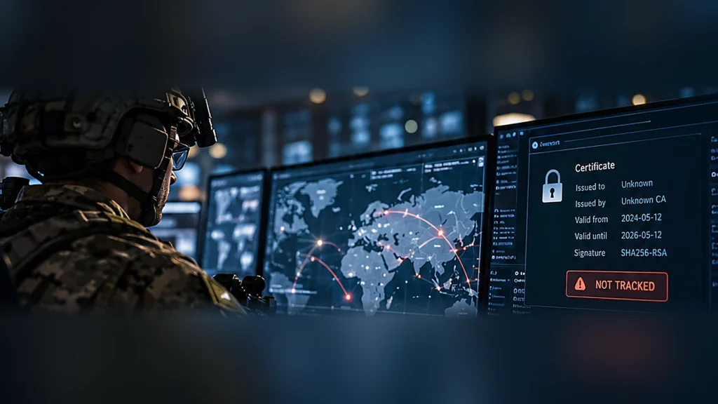 Symbolische Szene in einem militärischen Lagezentrum: Sicherheitsanalyst vor Netzwerkübersicht und Warnanzeige eines unverwalteten digitalen Zertifikats