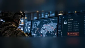 Symbolische Szene in einem militärischen Lagezentrum: Sicherheitsanalyst vor Netzwerkübersicht und Warnanzeige eines unverwalteten digitalen Zertifikats
